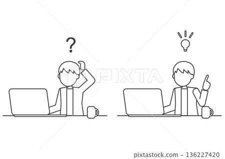 Question and solution character line drawing set illustration - Computer work and inspiration 136227420