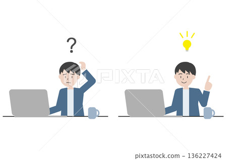 Illustration of a man with doubts and solutions, working on a computer and having an idea 136227424