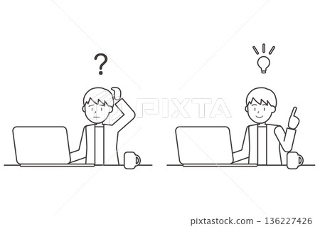 Questions and solutions, male line drawing set illustration, computer work and inspiration Questions and solutions, male line drawing set illustration, computer work and inspiration 136227426