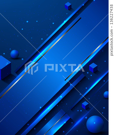 Futuristic 3D blue geometric background featuring glowing neon light effects and sparkling particles for modern science and innovation concepts 136227438