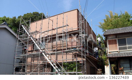 Construction scaffolding, exterior wall replacement, metal sheeting, tinplate work 136227489