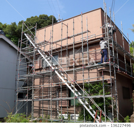 Construction scaffolding, exterior wall replacement, metal sheeting, tinplate work 136227496