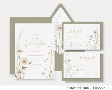 Elegant Botanical Wedding Invitation Stationery Set Illustration 136227498