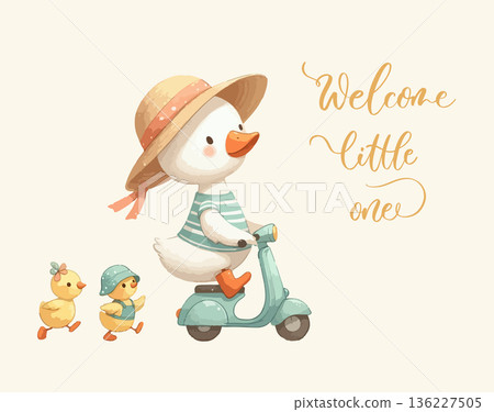 Welcome Little One Duck Family Scooter Illustration 136227505