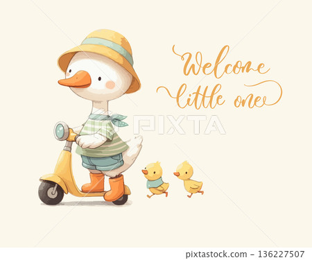 Welcome Little One Duck Family Scooter Illustration 136227507