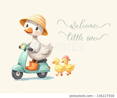 Welcome Little One Duck Family Scooter Illustration 136227508