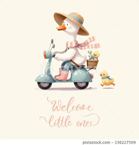 Welcome Little One Duck Family Scooter Illustration Welcome Little One Duck Family Scooter Illustration 136227509