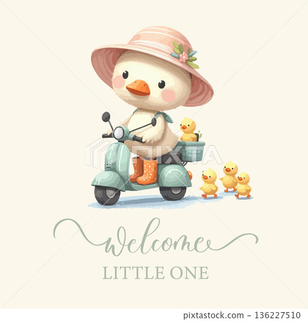 Welcome Little One Duck Family Scooter Illustration 136227510