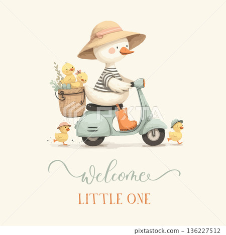 Welcome Little One Duck Family Scooter Illustration Welcome Little One Duck Family Scooter Illustration 136227512