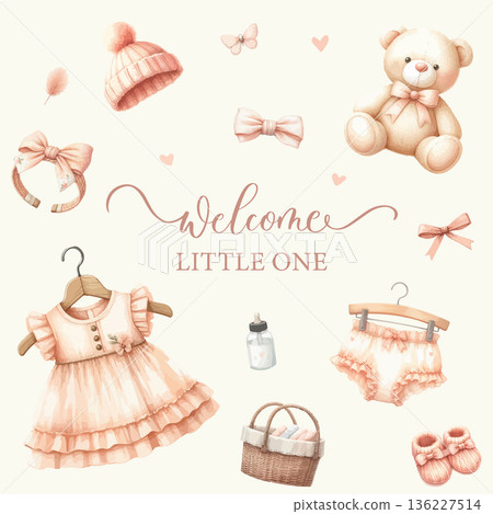 Welcome Little One Baby Girl Items Illustration Welcome Little One Baby Girl Items Illustration 136227514
