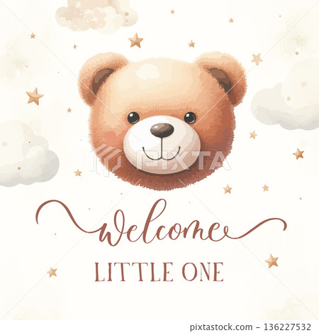 Welcome Little One Cute Teddy Bear Illustration 136227532