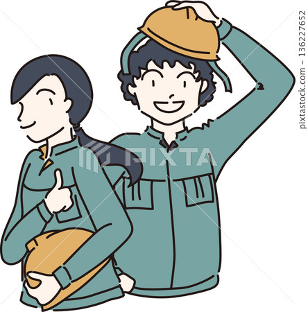 Illustration of a man and woman in work clothes holding helmets, green uniform 136227652