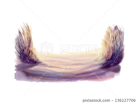 Sand dunes with pampas grass glow in golden sunset light,cast with deep violet shadows.Hand drawn illustration in soft watercolor washes for coastal decor,travel blogs,nature inspired branding 136227706