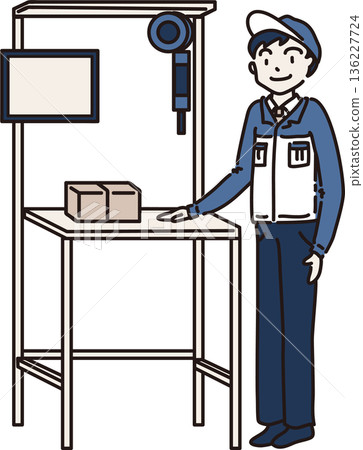 Illustration of a man in work clothes standing in front of a workbench Blue uniform Illustration of a man in work clothes standing in front of a workbench Blue uniform 136227724