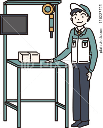 圖:一名身穿工作服的男子站在工作台前,身穿綠色制服 圖:一名身穿工作服的男子站在工作台前,身穿綠色制服 136227725
