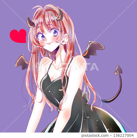 長髮性感女人，魔鬼，微笑，棕色頭髮 136227804