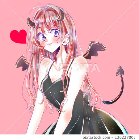 長髮性感女人，魔鬼，微笑，棕色頭髮 136227805