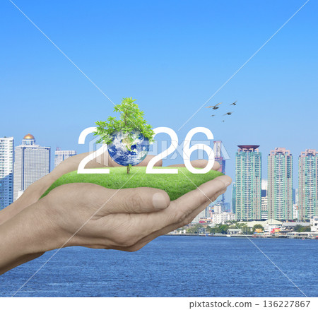 Happy new year 2026 ecological cover, Save the earth concept, Elements of this image furnished by NASA Happy new year 2026 ecological cover, Save the earth concept, Elements of this image furnished by NASA 136227867