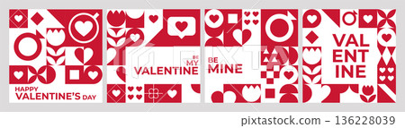 Modern Valentines Day poster series with bold geometric shapes, hearts and clean typography Modern Valentines Day poster series with bold geometric shapes, hearts and clean typography 136228039