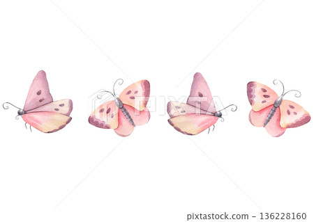 Seamless border with delicate butterflies. Hand-painted watercolor illustration isolated on white for invitations, posters, headers, packaging, stationery, branding, romantic, wedding design projects Seamless border with delicate butterflies. Hand-painted watercolor illustration isolated on white for invitations, posters, headers, packaging, stationery, branding, romantic, wedding design projects 136228160