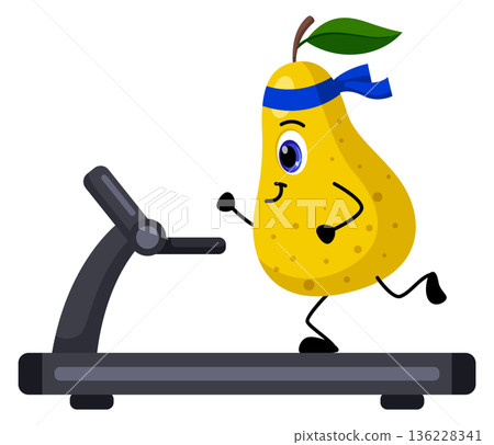 Pear run on treadmill. Fruit training in fitness gym Pear run on treadmill. Fruit training in fitness gym 136228341