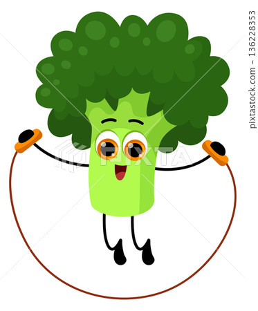 Broccoli skipping rope. Happy healthy nutrition mascot Broccoli skipping rope. Happy healthy nutrition mascot 136228353
