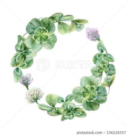 Wreath of clover leaves trefoil and with four leaves,lilac and white flowers.Watercolor template,symbolizing luck and new beginnings,for wedding invitations,bridal party decor,romantic celebrations Wreath of clover leaves trefoil and with four leaves,lilac and white flowers.Watercolor template,symbolizing luck and new beginnings,for wedding invitations,bridal party decor,romantic celebrations 136228357