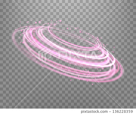 Glowing pink magic rings. Dynamic orbital flare halo ring. Neon realistic energy swoosh swirl. Abstract light effect on a transparent background. Vector illustration. 136228359
