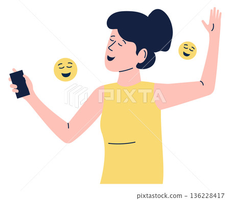 Happy woman. Positive news notification. Smiling emoji Happy woman. Positive news notification. Smiling emoji 136228417