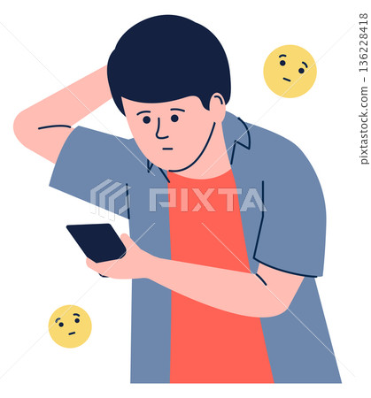 Negative reaction on chat message. Sad young man read social media 136228418