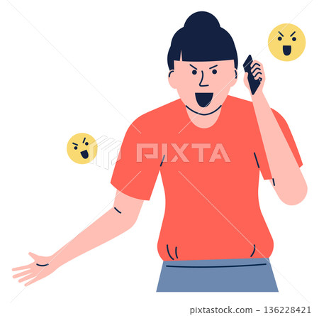 Woman yelling on phone. Angry talk. Negative call 136228421