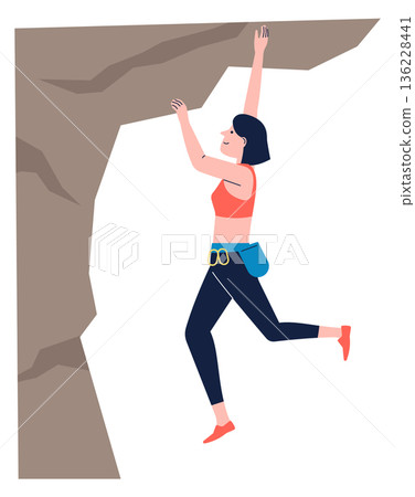 Woman hanging on stone cliff. Extreme mountaineering sport 136228441