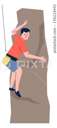 Man hanging on rope and climb on rock cliff mountain 136228442