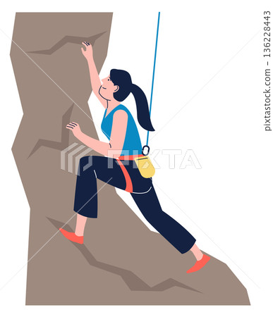 Professional climber woman on mountain. Athlete with sport equipment 136228443