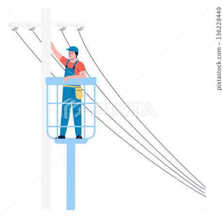 Electric pole maintenance. Worker repair power wires Electric pole maintenance. Worker repair power wires 136228449