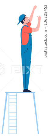 Electric repair color icon. Worker stand on ladder 136228452