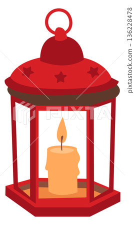 Red lantern with burning candle. House holiday decoration Red lantern with burning candle. House holiday decoration 136228478