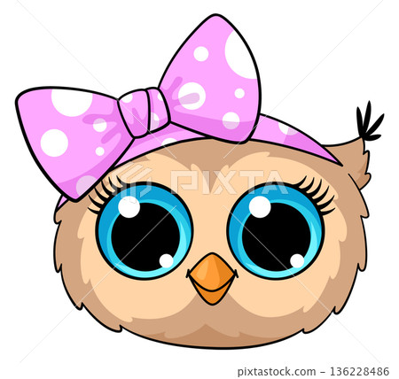 Girlish owl baby with pink bow. Cartoon portrait 136228486