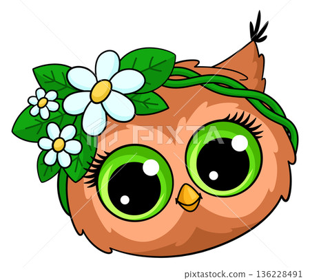 Cute owl in floral wreath. Spring nature mascot 136228491