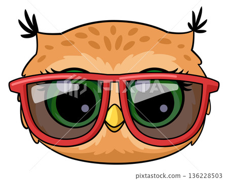 Funny owl face in sunglasses. Cartoon bird head 136228503