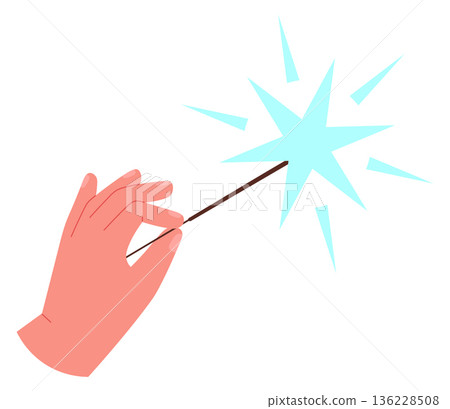 Magic wand sparkle in human hand. Wizard miracle Magic wand sparkle in human hand. Wizard miracle 136228508