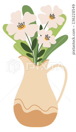 Blooming bouquet in ceramic jug. Flower botany decoration Blooming bouquet in ceramic jug. Flower botany decoration 136228549