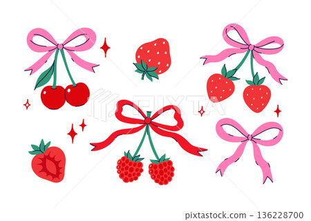 A set of cherries, strawberries, raspberries, and bows. Vector graphics A set of cherries, strawberries, raspberries, and bows. Vector graphics 136228700
