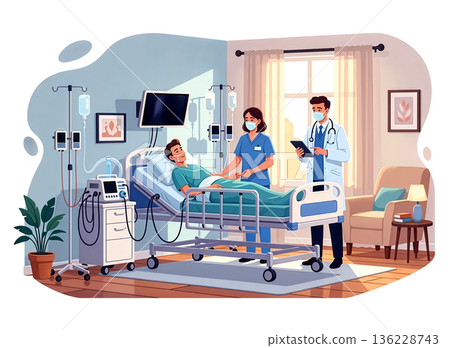 Illustration of a medical team caring for a man in a hospital bed. Doctor and nurse with patient in a recovery room. 136228743