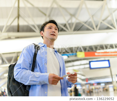 A man holding a boarding pass at the airport. Photo courtesy of Kansai International Airport (KIX). 136229052