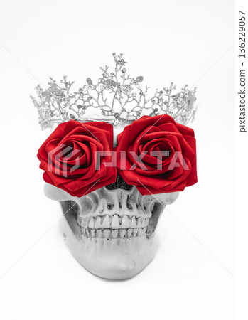 Symbolic Skull with Red Roses and Silver Crown on White Background 136229057