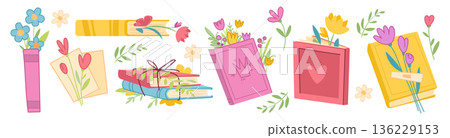 Book stack with flowers cartoon vector illustration 136229153