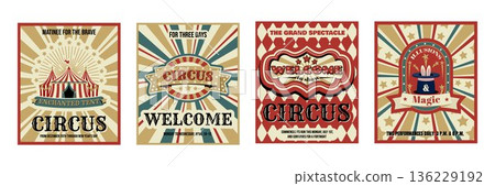 Retro circus carnival cards set, poster design Retro circus carnival cards set, poster design 136229192