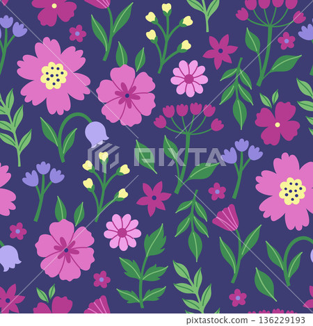 Seamless pattern of flowers on a dark blue background. Vector graphics. 136229193