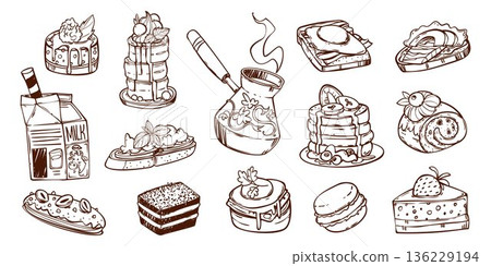 Sketch bakery doodle icons, fresh bread and toasts Sketch bakery doodle icons, fresh bread and toasts 136229194